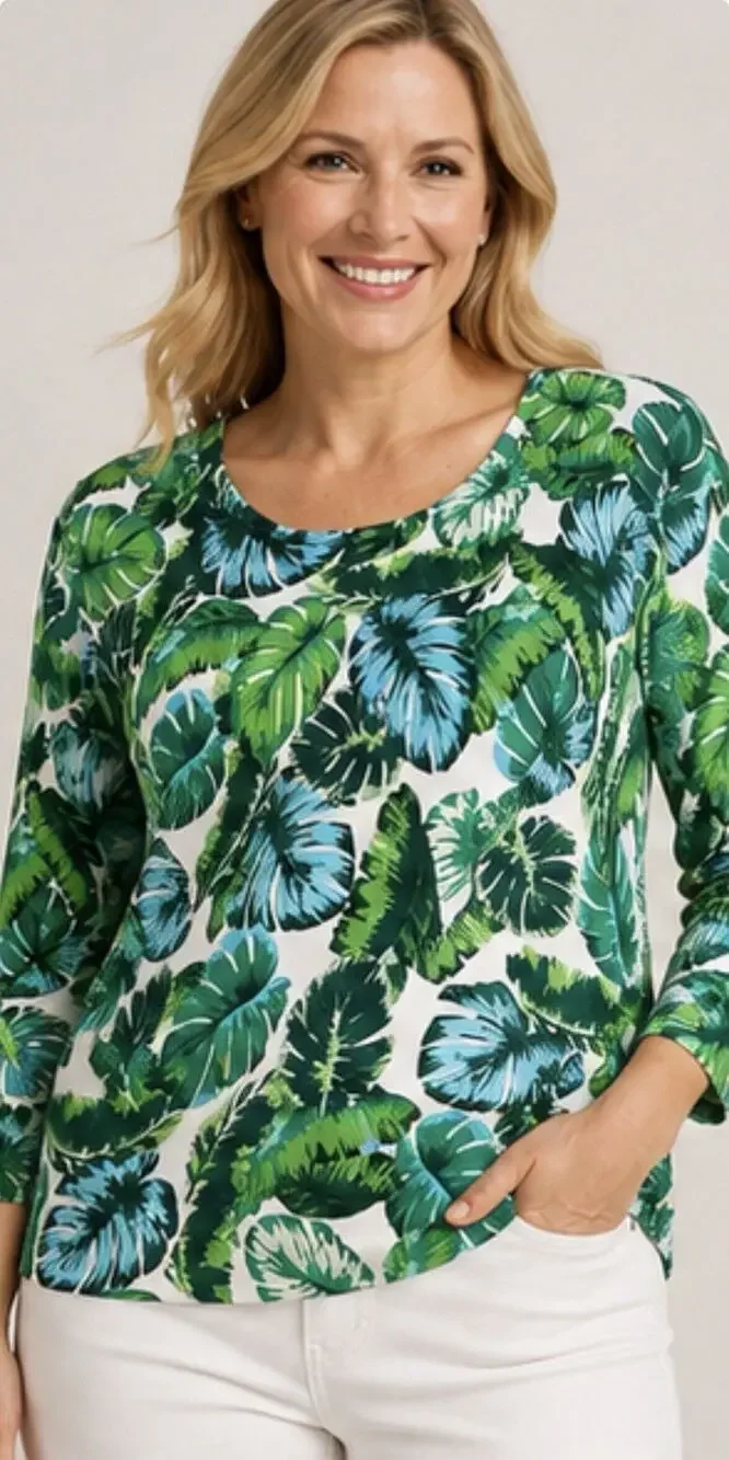 Talbots Women’s XL Tropical Leaf Print Lightweight Sweater Green Blue